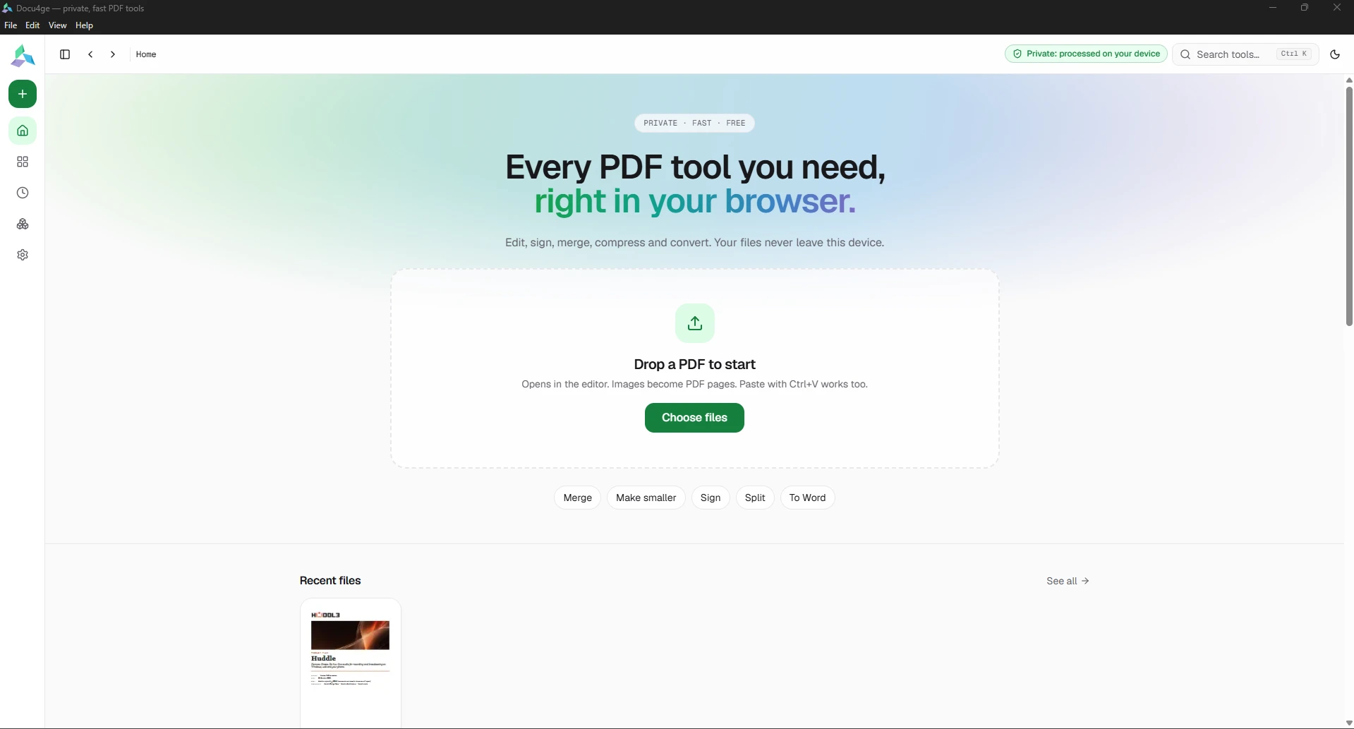 Docu4ge: A private PDF toolkit for Windows. Every tool runs on your own computer, so files never reach the internet.