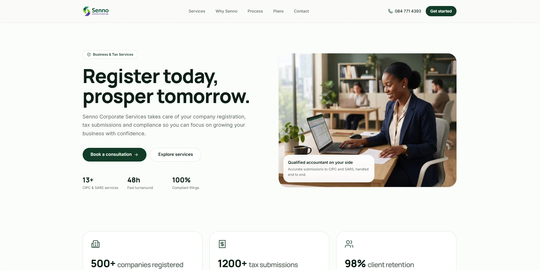 Senno Corporate Services: A clear, professional website for company registration, tax submissions and compliance.