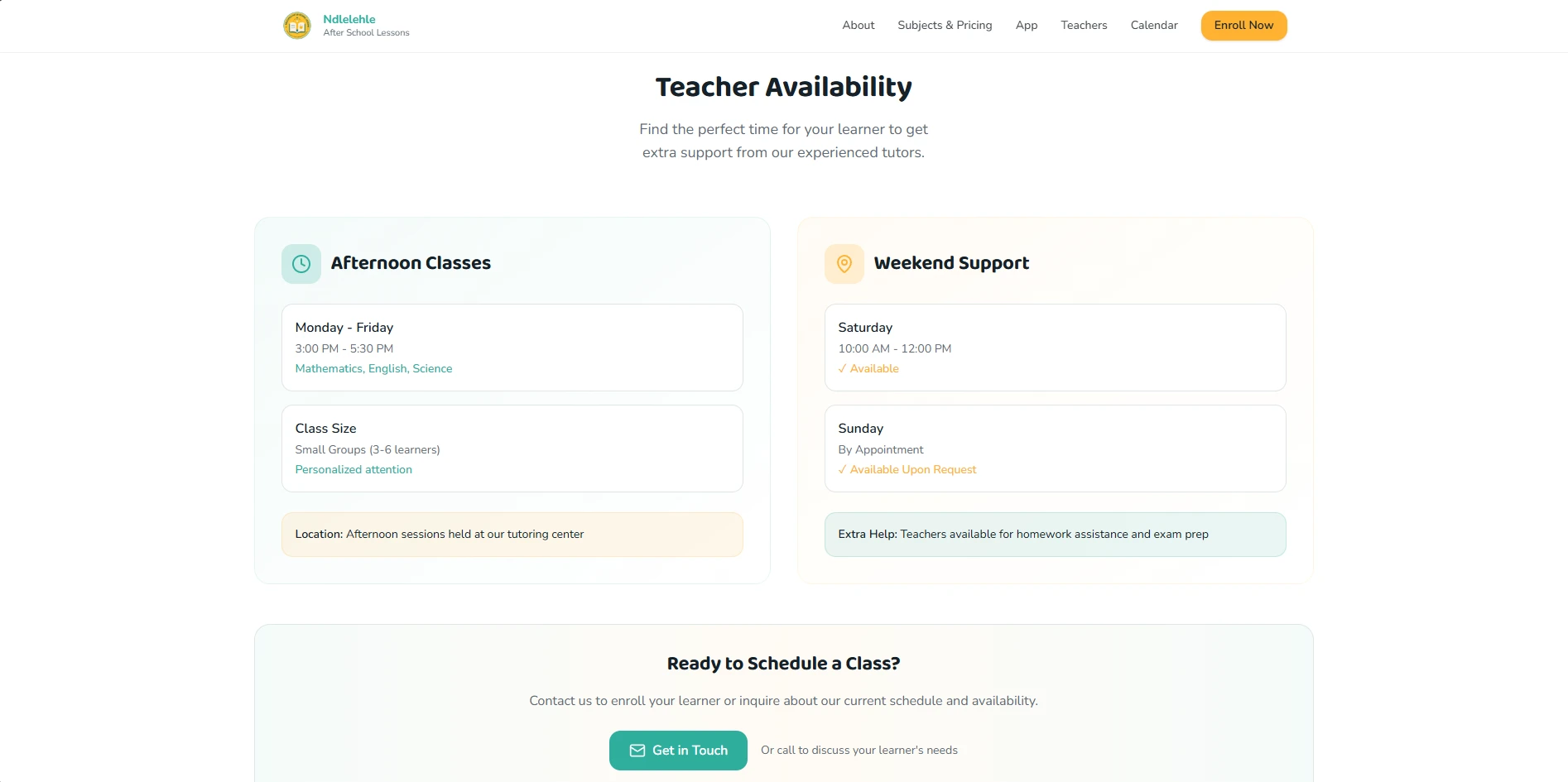 Ndlelehle After School Lessons: Teacher availability