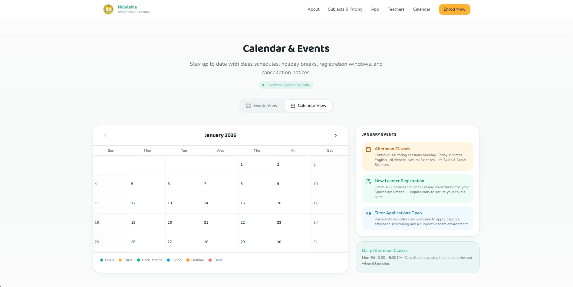 Ndlelehle After School Lessons: Calendar, month view
