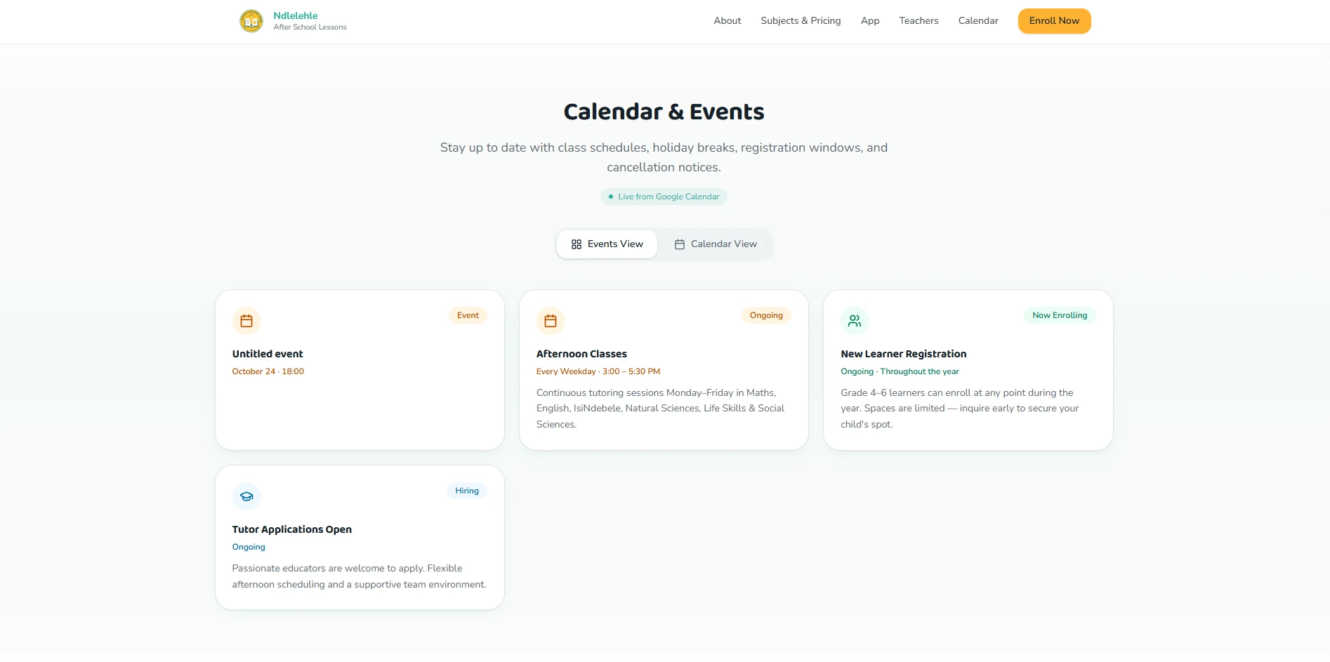 Ndlelehle After School Lessons: Events, list view